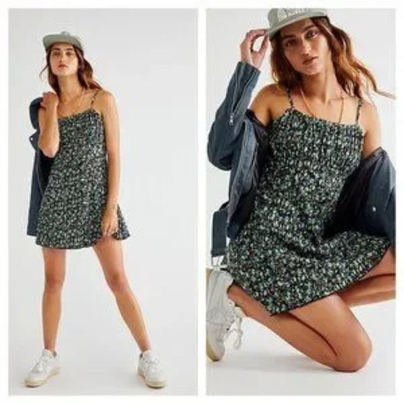 ๐HP๐ Free People Jamie Black, Green, Pink Floral Strappy Mini Dress Sz M - NWT - Picture 1 of 11